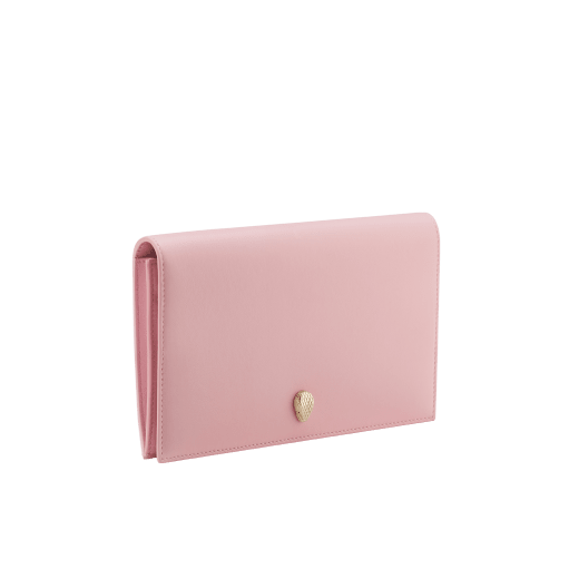 Serpenti Forever compact wallet in primrose quartz pink Metropolitan calf leather with flamingo quartz pink nappa leather interior and inner nappa leather details in shades of flamingo quartz pink, primrose quartz pink and ivory opal. Captivating snakehead press-stud closure in light gold-plated brass embellished with red enamel eyes. SEA-POCHETTECOMP image 1