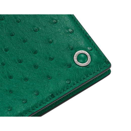 BULGARI BULGARI Man hipster compact wallet in soft, vivid emerald green shiny ostrich skin with vivid emerald green nappa leather interior. Iconic palladium-plated brass décor and folded closure. 293295 image 4