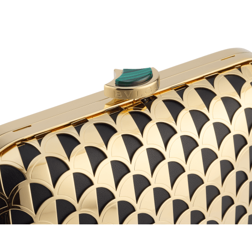 Calla clutch in gold-plated metal with a laser cut Calla motif on black nappa leather lining. Iconic closure embellished with a fan-shaped malachite insert. DAS-001-1317S image 4