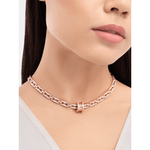 B.zero1 Rock Chain 18 kt rose gold necklace with a round studded pendant and pavé diamonds, also wearable separately with the included additional chain. 360212 image 3