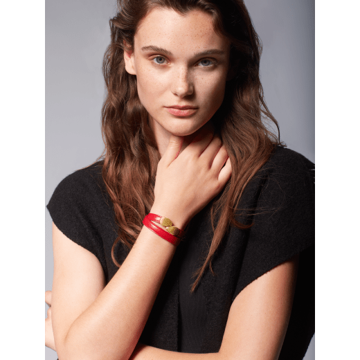 Serpenti Forever two-coil bracelet in soft amaranth garnet red nappa leather. Single-rivet contraire snakehead closure in gold-plated brass embellished with red enamel eyes. BRACLT-MC-SERP-SNL-AG image 2