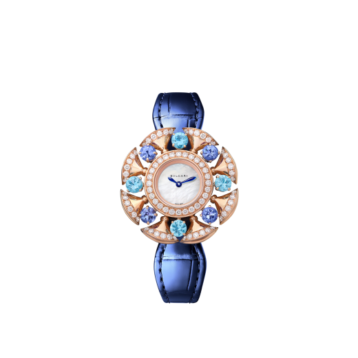 DIVAS' DREAM watch with 18 kt rose gold case set with round brilliant-cut diamonds, topazes and tanzanites, white mother-of-pearl dial and blue alligator bracelet. Water-resistant up to 30 meters. 103752 image 1