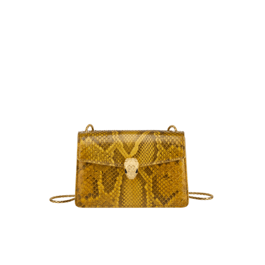 Serpenti Forever mini crossbody bag in gold-shaded python skin with 24 kt gold treatment and black nappa leather lining. Captivating snakehead magnetic closure in gold-plated brass including 3 µ of 24 kt gold and embellished with "diamantatura" engraving on the scales and black onyx eyes. Exclusive Bulgari 50th anniversary in the US Edition. 292592 image 1