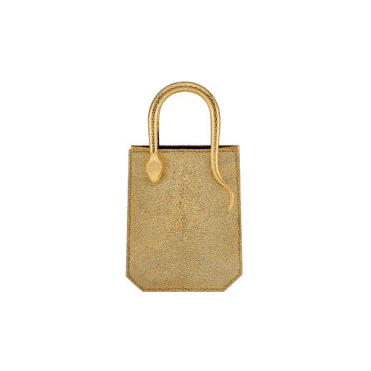 Serpentine mini tote bag in gold galuchat skin with 24 kt gold treatment, shiny gold Mirage nappa leather sides and black nappa leather lining. Captivating snake-shaped handles in gold-plated brass including 3 µ of 24 kt gold, embellished with engraved scales and red enamel eyes. Exclusive Bulgari 50th anniversary in the US Edition. 292705 image 1