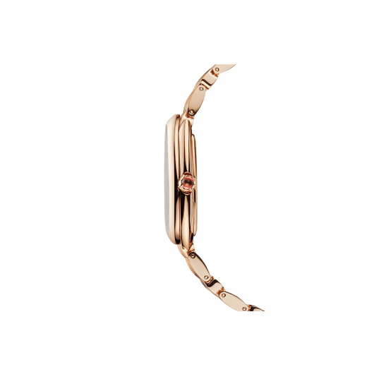 SERPENTI SEDUTTORI Lady Watch. 33 mm rose gold 18kt case and bracelet. 18 kt rose gold bezel and crown set with 1 cab cut pink rubellite, white silver opaline dial. Bracelet with folding clasp. Quartz movement, hours and minutes functions. Water-resistant up to 30 metres. 103145 image 3