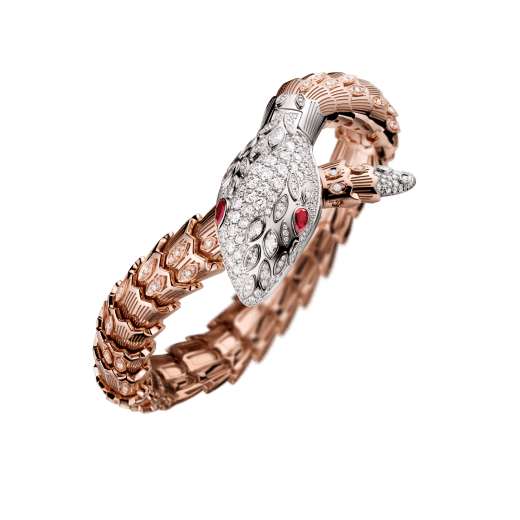 Serpenti Secret Watch with 18 kt white gold head set with brilliant cut and marquise cut diamonds and ruby eyes, 18 kt white gold case, 18 kt white gold dial set with brilliant cut diamonds, single spiral bracelet in 18 kt rose and white gold, set with brilliant cut diamonds. 102239 image 2