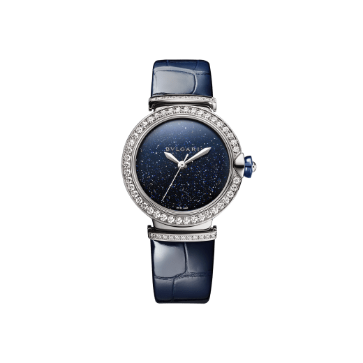 LVCEA watch with mechanical movement and automatic winding, 18 kt white gold case set with 66 round brilliant cut diamonds (about 1.58 ct), blue aventurine dial, blue alligator bracelet and 18 kt white gold links set with diamonds. Water-resistant up to 50 meters 103340 image 1