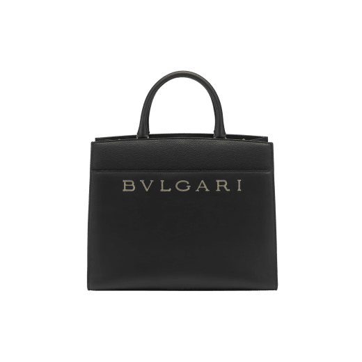 Bvlgari Logo tote bag in ivory opal smooth and grain calf leather with black grosgrain lining. Iconic Bvlgari logo decorative chain motif in light gold-plated brass. BVL-1192 image 1
