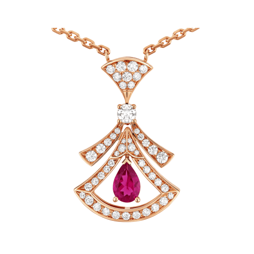 DIVAS' DREAM necklace in 18 kt rose gold set with a pear-shaped rubellite, a round brilliant-cut diamond and pavé diamonds 360619 image 3