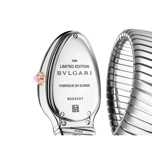 Serpenti Tubogas Studs Capsule single-spiral watch in stainless steel with 18 kt yellow gold diamond-set bezel, 18 kt yellow gold studs on the bracelet, and mother-of-pearl dial. Water-resistant up to 30 metres. Serpenti-Tubogas-Studs-Capsule image 3