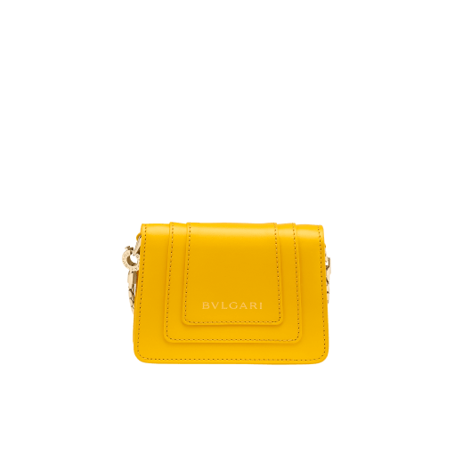 Serpenti Forever miniature bag charm in sun citrine yellow calf leather with Sahara amber light brown calf leather interior. Captivating snakehead press button closure in light gold-plated brass, embellished with sun citrine yellow and white agate enamel scales, and black enamel eyes. SERP-BAG-CHARM-CLa image 3