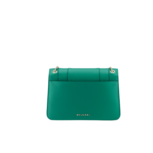 Serpenti Forever medium shoulder bag in black calf leather with emerald green grosgrain lining. Captivating snakehead closure in light gold-plated brass embellished with black and white agate enamel scales and green malachite eyes. 1077-CLa image 3