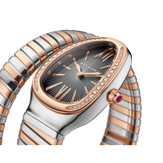 Serpenti Tubogas single spiral watch with stainless steel case, 18 kt rose gold bezel set with brilliant cut diamonds, grey lacquered dial, 18 kt rose gold and stainless steel bracelet. SERPENTI-TUBOGAS-1T-greyDialDiam image 2