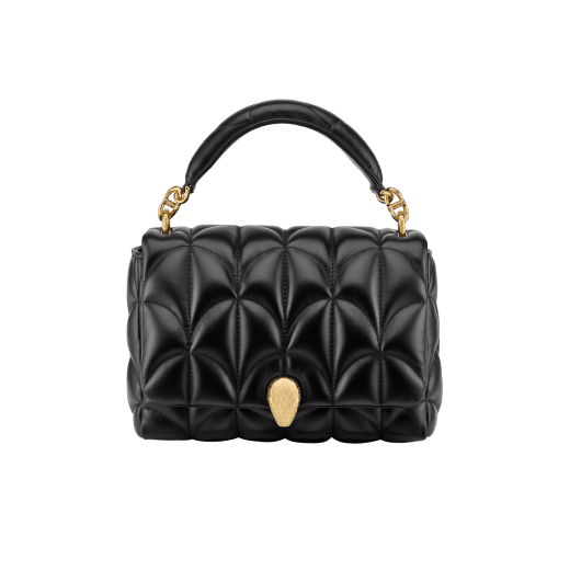 Serpenti Sugarloaf medium shoulder bag in black calf leather with a maxi Calla Matelassé motif and black nappa leather lining. Captivating snakehead magnetic closure in gold-plated brass. SSL-001-1312M image 1