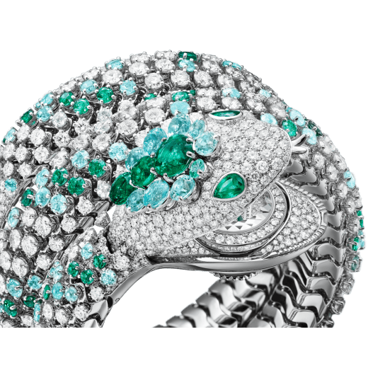 Serpenti Misteriosi Pallini High Jewellery watch with mechanical manufacture micro-movement with manual winding, 18 kt white gold case and bracelet set with diamonds, emeralds and Paraiba tourmalines, and pavé-set diamond dial 103882 image 2