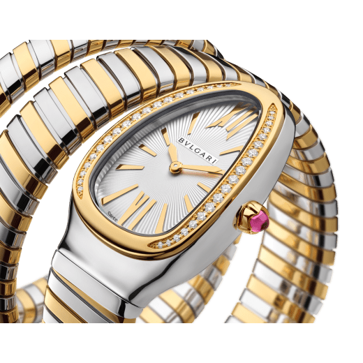 Serpenti Tubogas double-spiral watch in 18 kt yellow gold and stainless steel with diamond-set bezel and silver opaline dial with guilloché soleil treatment. Water-resistant up to 30 metres 103797 image 2