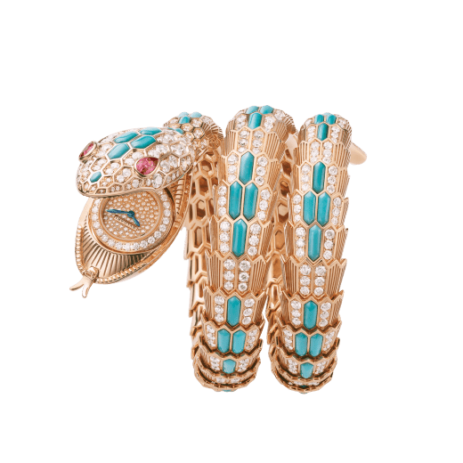 Serpenti Misteriosi High Jewellery Secret Uhr mit mechanischem Mikro-Manufakturwerk mit Handaufzug, Gehäuse und Armband aus 18 Karat Roségold mit Türkis-Intarsien, Diamanten im Brillantschliff und zwei Rubelliten im Tropfenschliff sowie Zifferblatt mit Diamant-Pavé. 103558 image 1