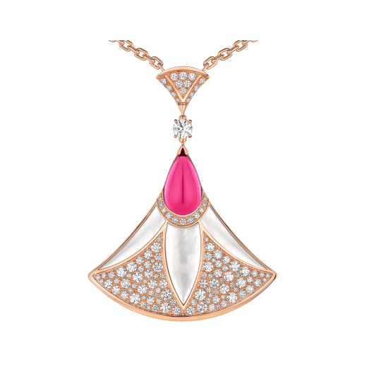 Divas' Dream necklace in 18 kt rose gold set with rubellites, mother-of-pearl elements and pavé diamonds Necklace with a double wearability and a detachable Bracelet 361950 image 4