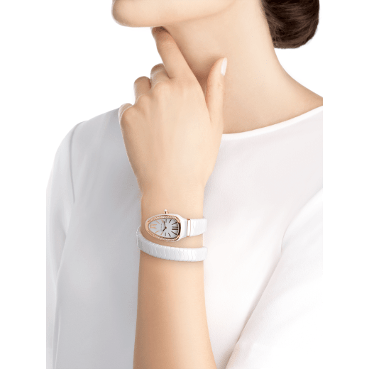 Serpenti Spiga single spiral watch with white ceramic case, 18 kt rose gold bezel set with brilliant cut diamonds, white lacquered dial, white ceramic bracelet with 18 kt rose gold elements. 102613 image 3