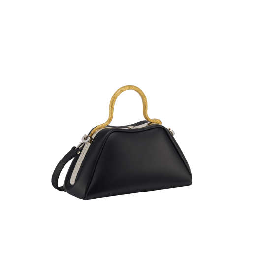 Serpentine mini top handle bag in black smooth calf leather with emerald green nappa leather lining. Captivating snake body-shaped top handle in gold-plated brass embellished with engraved scales and red enamel eyes, press-button closure and light gold-plated brass hardware. SRN-1291 image 2