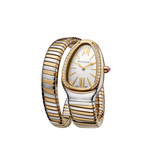 Serpenti Tubogas single-spiral watch with 18 kt yellow gold and stainless steel case set with diamonds, white opaline dial with guilloché soleil treatment and bracelet in 18 kt yellow gold and stainless steel. Water-resistant up to 30 meters 103648 image 3
