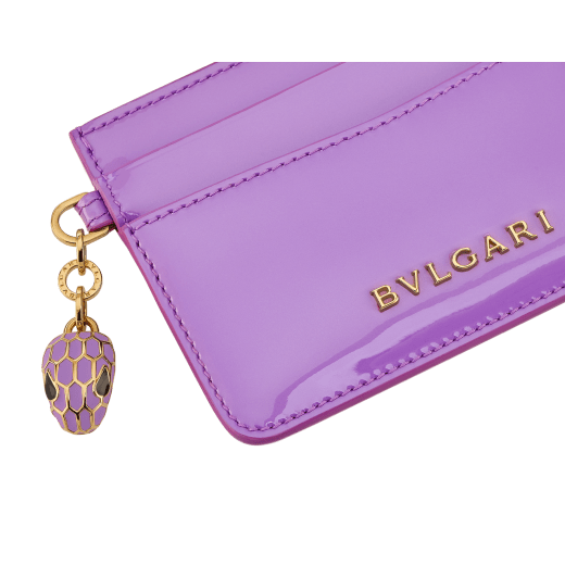 Serpenti Forever card holder in sheer amethyst lilac patent calf leather with black nappa leather lining. Captivating snakehead charm in gold-plated brass embellished with matt sheer amethyst lilac enamel scales and black enamel eyes. SEA-CC-HOLDER-VCL image 4