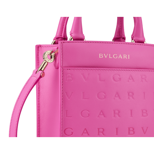 Bulgari Logo mini tote bag in black calf leather with hot-stamped Infinitum pattern and teal topaz green grosgrain lining. Light gold-plated brass hardware. BVL-1228S-ICLa image 5