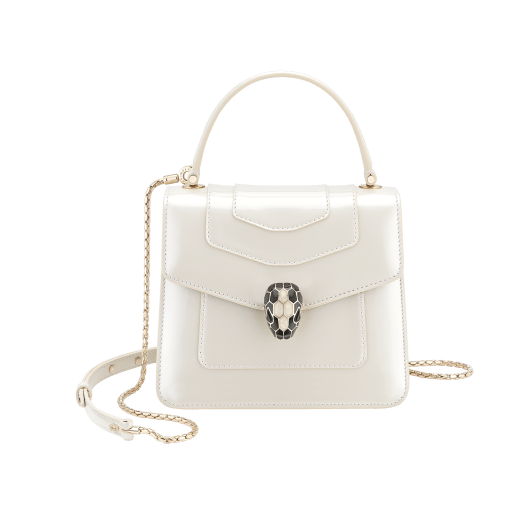 “Serpenti Forever ” top handle bag in white agate calf leather with a varnished and pearled effect, and black gros grain internal lining. Tempting snakehead closure in light gold plated brass enriched with black and pearled white agate enamel and black onyx eyes 1122-VCL image 1