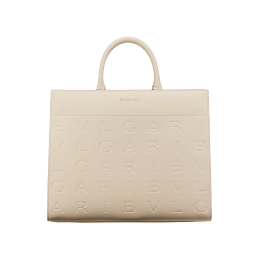 Bvlgari Logo tote bag in black calf leather with hot stamped Infinitum Bvlgari logo pattern and plain Teal Topaz green grosgrain lining. Light gold-plated brass hardware BVL-1201 image 5