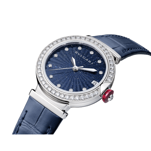 LVCEA watch with stainless steel case set with brilliant-cut diamonds, blue aventurine marquetry dial, 11 diamond indexes and blue alligator bracelet. Water-resistant up to 50 metres. 103620 image 2