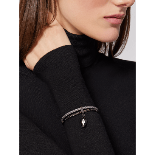 Serpenti Forever bracelet in light anthracite braided calf leather and dark ruthenium-plated brass chain with magnetic clasp closure. Captivating snakehead charm with black and white enamel, and black enamel eyes. SERP-BRAIDCHAIN-WCL-LA image 1