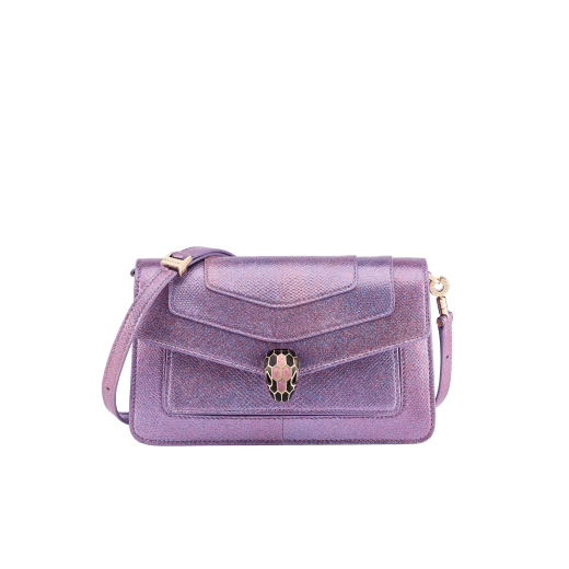 Serpenti Forever East-West small shoulder bag in sheer amethyst lilac Gleamy karung skin with primrose quartz pink nappa leather lining. Captivating magnetic snakehead closure in light gold-plated brass, embellished with black and pearled pinkish lilac enamel scales and black onyx eyes. 292791 image 1