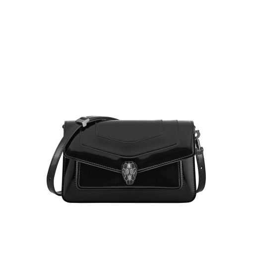 Serpenti Forever East-West small shoulder bag in black Shiny Brushed calf leather with black nappa leather lining. Captivating snakehead magnetic closure in dark ruthenium-plated brass embellished with black enamel and dark ruthenium-plated brass scales, and black onyx eyes. 1237-CLd image 1