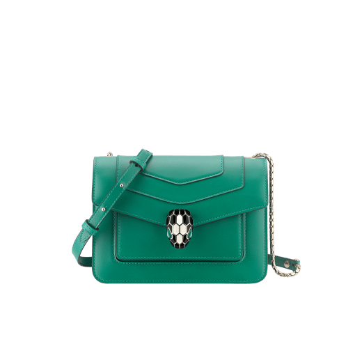 Serpenti Forever small crossbody bag in emerald green calf leather with amethyst purple grosgrain lining. Captivating snakehead closure in light gold-plated brass embellished with black and white agate enamel scales and green malachite eyes. 1082-CLa image 1