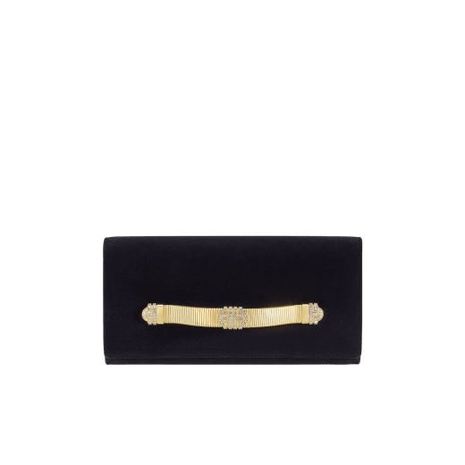 Bvlgari Tubogas evening clutch in black velvet with black nappa leather lining. Iconic Tubogas handle in gold-plated brass embellished with zirconia and a magnetic closure. 295164 image 1