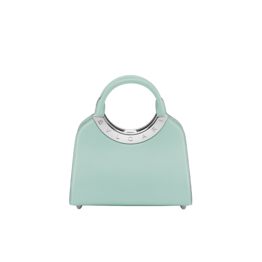 Bulgari Roma small top handle bag in vivid emerald green Metropolitan calf leather with vivid emerald green nappa leather lining. Iconic metal detail in antique gold-plated brass with vivid emerald green lacquering and BULGARI logo engraving; press button closure. BVR-1270-CL2 image 1