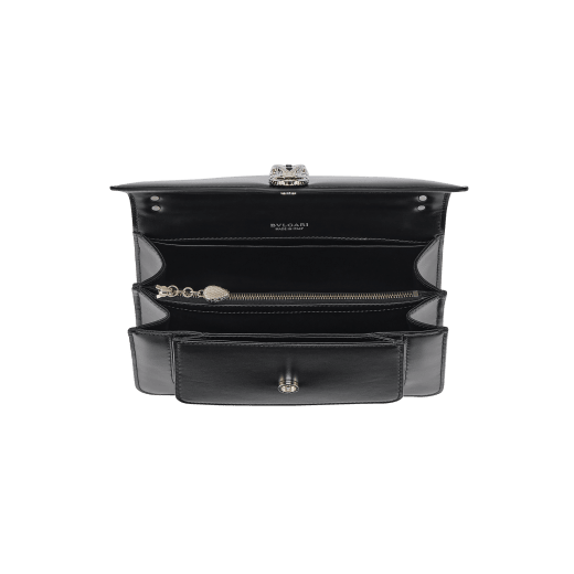 Serpenti Forever Maxi Chain small crossbody bag in black palmellato leather with black nappa leather lining. Captivating snakehead closure in palladium-plated brass embellished with black onyx scales and red enamel eyes. MCN-PL-B image 5