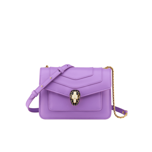 Serpenti Forever small crossbody bag in white agate calf leather with heather amethyst fuchsia grosgrain lining. Captivating snakehead closure in light gold-plated brass embellished with black and white agate enamel scales and green malachite eyes. 1082-CLb image 1