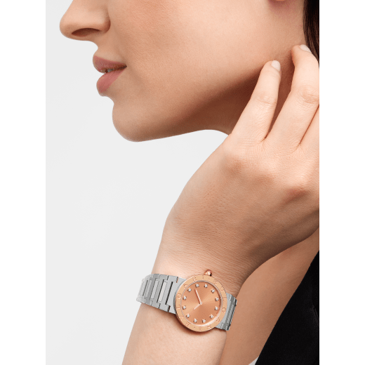BULGARI BULGARI watch with satin-polished stainless steel case and bracelet, 18 kt rose gold bezel engraved with the double BULGARI logo, orange lacquered sunray dial and 12 diamond indexes. Water-resistant up to 30 metres. Resort Limited Edition of 100 pieces. 103682 image 4
