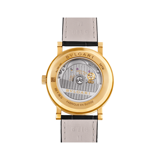 BULGARI BULGARI watch with mechanical automatic in-house movement, 18 kt yellow gold case and bezel engraved with double logo, black opaline dial and black alligator bracelet. Water resistant up to 50 meters 103967 image 4