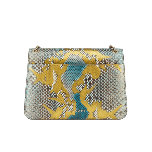 Serpenti Forever shoulder bag in multicolour Early Bright python skin with caramel topaz beige nappa leather lining. Captivating snakehead closure in light gold-plated brass embellished with black and caramel topaz beige enamel scales and black onyx eyes. 1140-P image 3