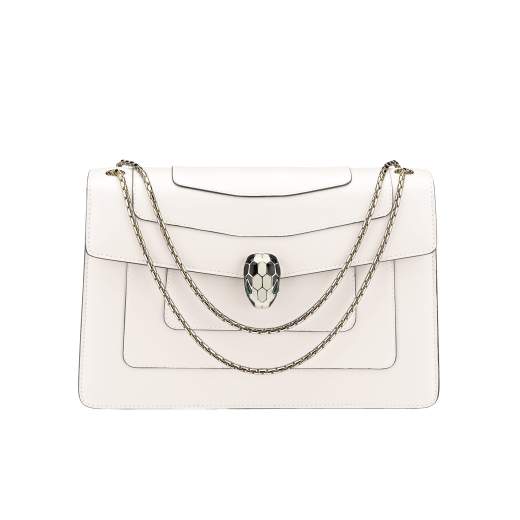 Black calf leather shoulder bag with brass light gold plated black and white enamel Serpenti head closure with malachite eyes. 521-CLa image 1