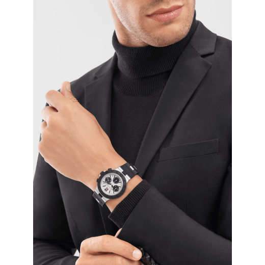 Bvlgari Aluminium watch with mechanical manufacture movement, automatic winding, chronograph, 41 mm aluminium and titanium case, black rubber bezel with Bvlgari Bvlgari engraving, grey dial and black rubber bracelet. Water resistant up to 100 metres 103722 image 1