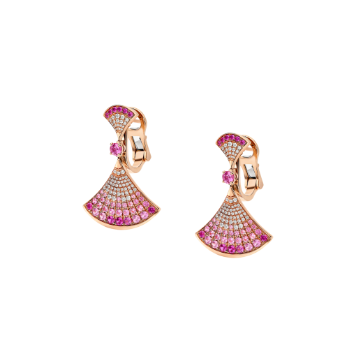 Divas' Dream 18 kt rose gold earrings set with round brilliant-cut pink sapphires and rubies, and pavé diamonds 361109 image 2