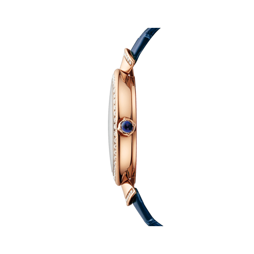 DIVAS' DREAM watch with 18 kt rose gold case set with brilliant-cut diamonds, mother-of-pearl dial with hand-painted peacock set with diamonds and dark blue alligator bracelet 102741 image 3