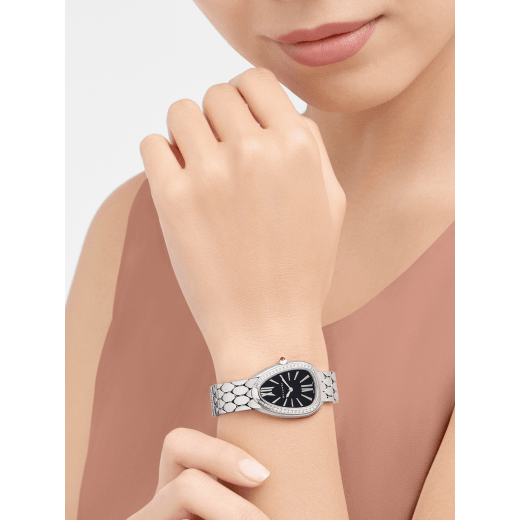 Serpenti Seduttori watch with stainless steel case set with diamonds, black lacquered dial and stainless steel bracelet. Water-resistant up to 30 metres. 103449 image 2