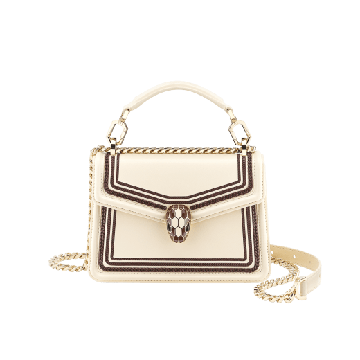 “Serpenti Diamond Blast” crossbody bag in Ivory Opal white smooth calf leather, featuring an Deep Garnet bordeaux 3-Maxi Chain motif, with Deep Garnet bordeaux nappa leather internal lining. Tempting snakehead closure in light gold plated brass, enriched with Deep Garnet bordeaux and Ivory Opal white enamel and black onyx eyes. 291175 image 1