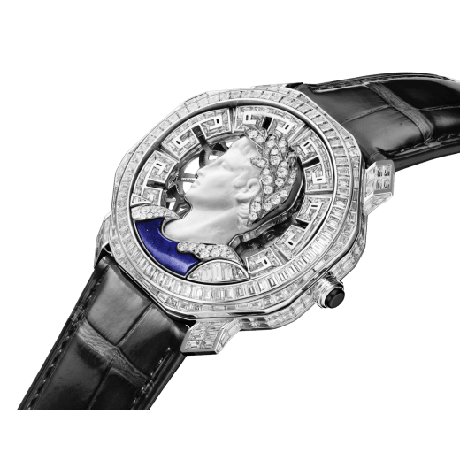 Octo Roma Secret Watch Cameo Imperiale with mechanical manufacture ultra-thin skeletonised movement, flying tourbillon, platinum case set with diamonds, platinum cover embellished with a cameo of Emperor Caesar Augustus set with diamonds and lapis lazuli, transparent caseback and black alligator bracelet. Water-resistant up to 30 metres 103684 image 2