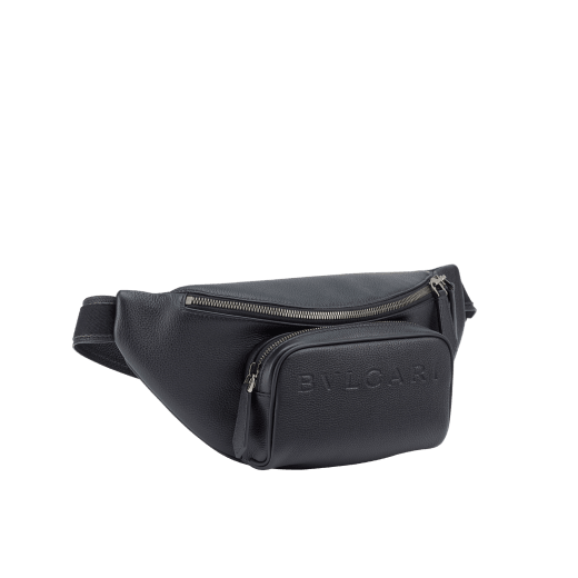 BULGARI Man small belt bag in Olympian sapphire blue smooth and grainy metal-free calf leather with Olympian sapphire blue regenerated nylon (ECONYL®) lining. Dark ruthenium-plated brass hardware, hot stamped BULGARI logo and zipped closure. BMA-1209-CL image 2