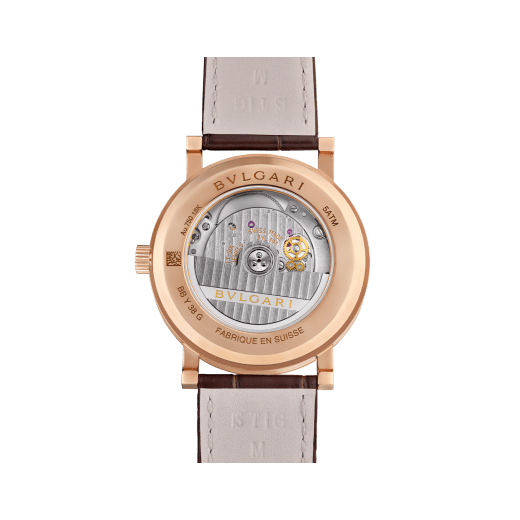 BULGARI BULGARI watch with mechanical automatic in-house movement, 18 kt rose gold case and bezel engraved with double logo, white opaline dial and brown alligator bracelet. Water resistant up to 50 meters 103968 image 4